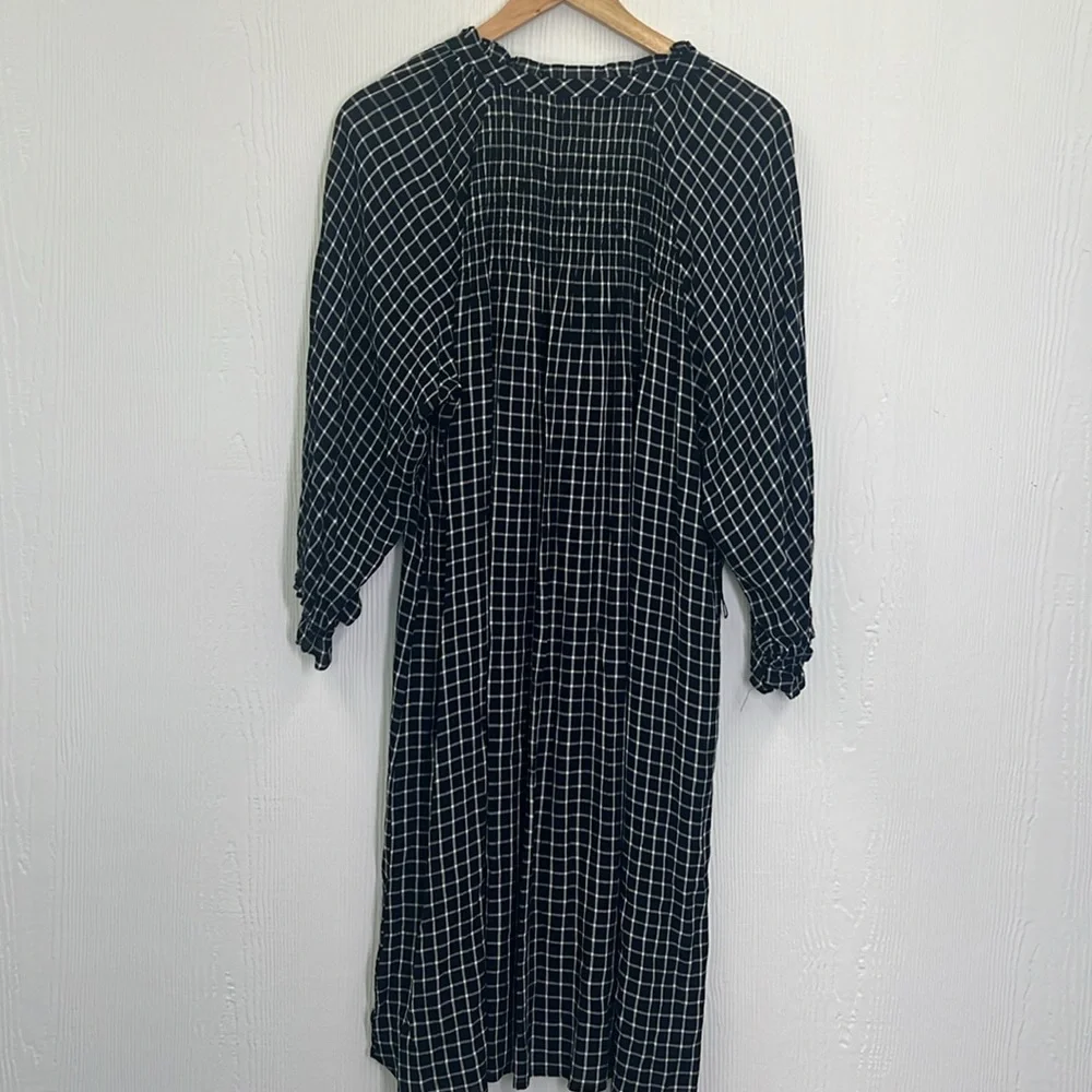 Anthropologie - Maeve Sara Navy Blue Windowpane Plaid Midi Dress Size Medium - Picture 14 of 15